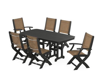 POLYWOOD® Coastal Folding Chair 7-Piece Dining Set in Black / Burlap Sling