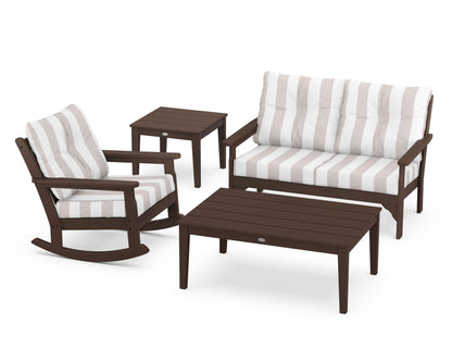 POLYWOOD® Vineyard 4-Piece Deep Seating Rocker Set in Mahogany / Cabana Stripe Dune Burlap
