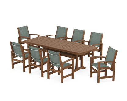 POLYWOOD® Coastal 9-Piece Dining Set with Trestle Legs in Teak / Dupioni Sea Mist Sling