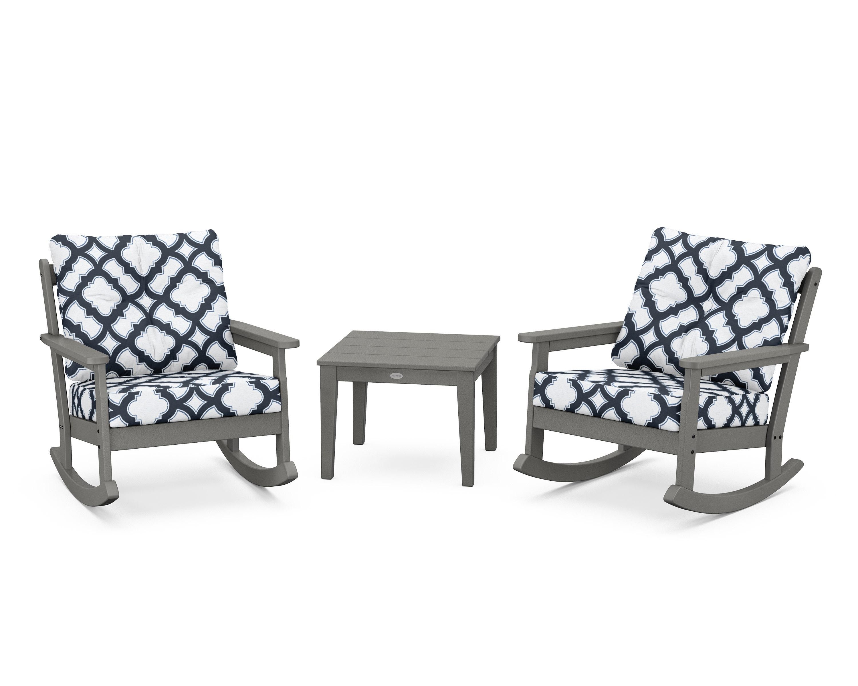 POLYWOOD® Vineyard 3-Piece Deep Seating Rocker Set in Slate Grey / Trellis Marine Indigo