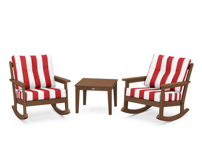 POLYWOOD® Vineyard 3-Piece Deep Seating Rocker Set in Teak / Cabana Stripe Crimson