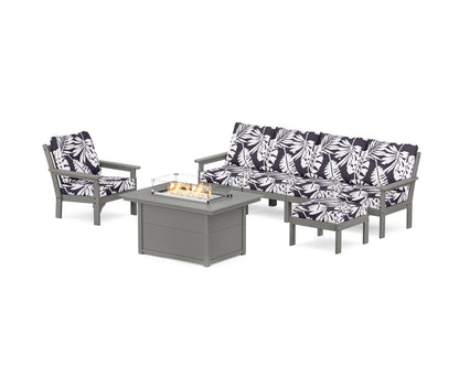 POLYWOOD® Vineyard Sectional Lounge and Fire Pit Set in Slate Grey / Leaf Navy