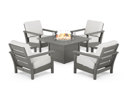 POLYWOOD® Harbour 5-Piece Conversation Set with Fire Pit Table in Slate Grey / Natural Linen