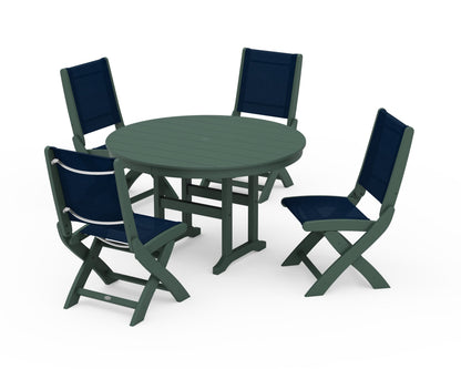 POLYWOOD® Coastal Folding Side Chair 5-Piece Round Dining Set in Green / Navy Blue Sling