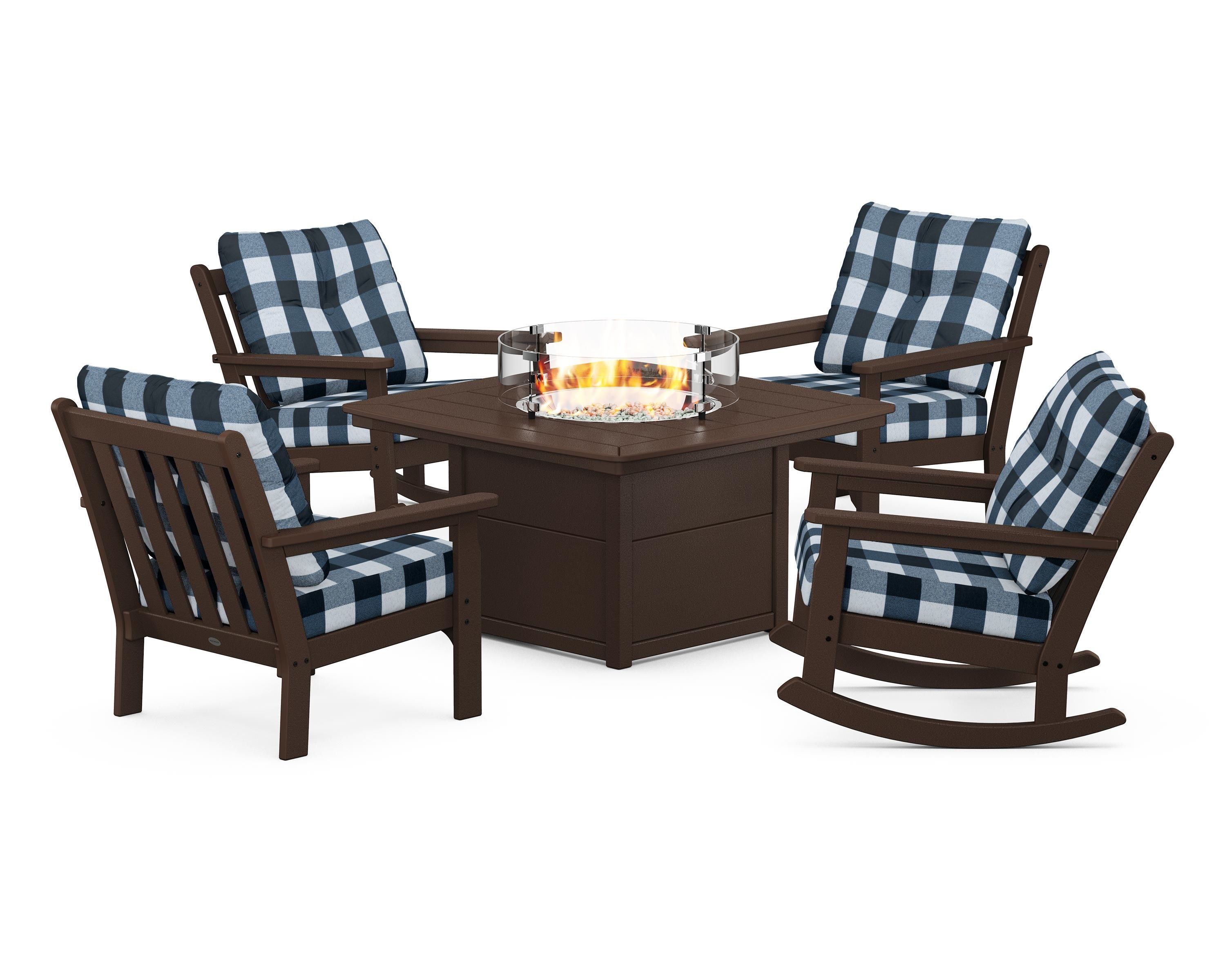 POLYWOOD® Vineyard 5-Piece Deep Seating Rocking Chair Conversation Set with Fire Pit Table in Mahogany / Buffalo Plaid Marine Indigo