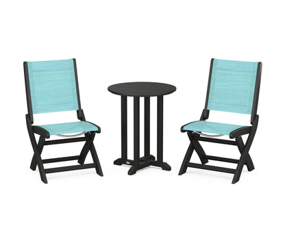 POLYWOOD® Coastal Folding Side Chair 3-Piece Round Bistro Dining Set in Black / Dupioni Aquamarine Sling
