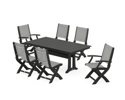 POLYWOOD® Coastal Folding Chair 7-Piece Farmhouse Dining Set with Trestle Legs in Black / Metallic Sling