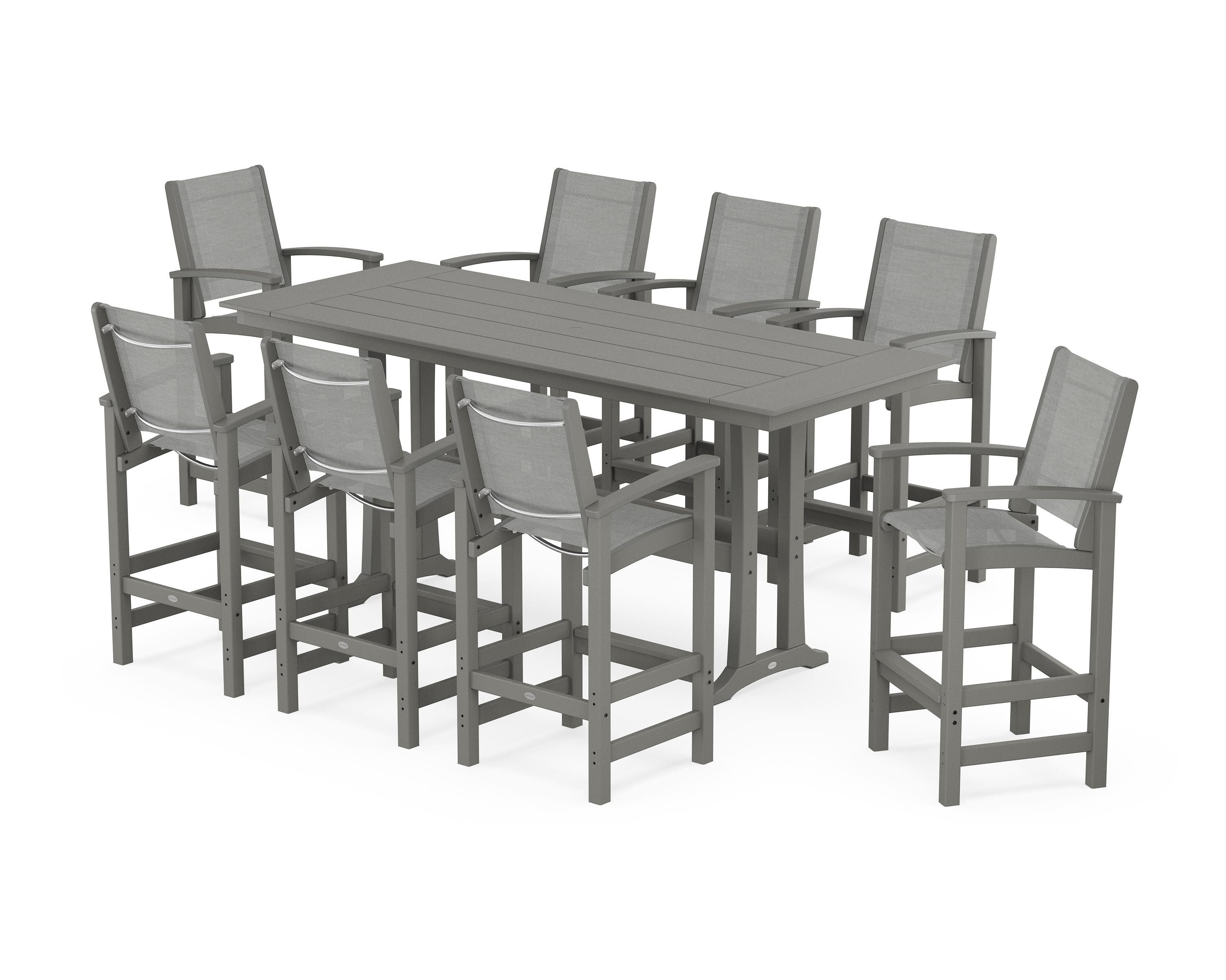 POLYWOOD® Coastal 9-Piece Farmhouse Bar Set with Trestle Legs in Slate Grey / Metallic Sling
