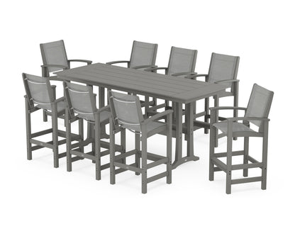 POLYWOOD® Coastal 9-Piece Farmhouse Bar Set with Trestle Legs in Slate Grey / Metallic Sling
