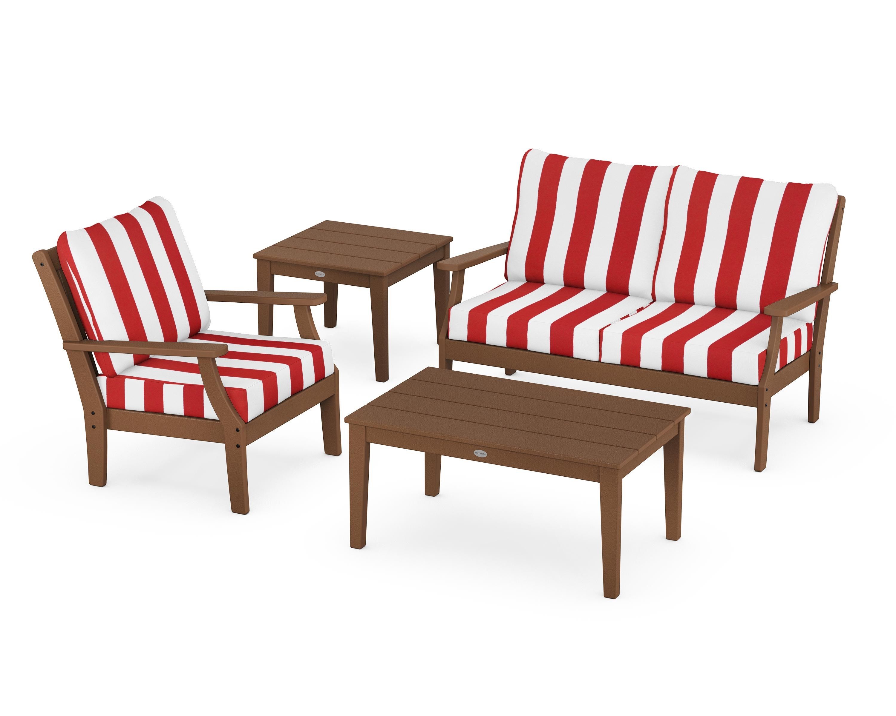 POLYWOOD® Braxton 4-Piece Deep Seating Set in Teak / Cabana Stripe Crimson