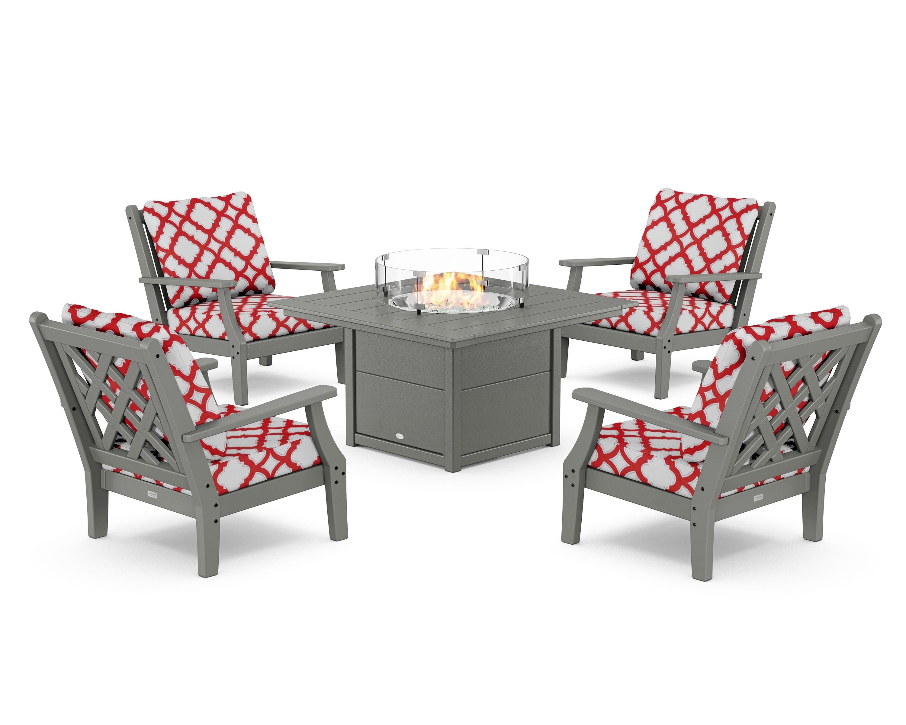 Country Living Wovendale 5-Piece Deep Seating Set with Fire Pit Table in Slate Grey / Trellis Crimson
