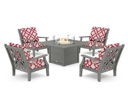 Country Living Wovendale 5-Piece Deep Seating Set with Fire Pit Table in Slate Grey / Trellis Crimson