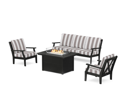 POLYWOOD® Braxton Deep Seating Fire Pit Table Set in Black / Cabana Stripe Grey Mist