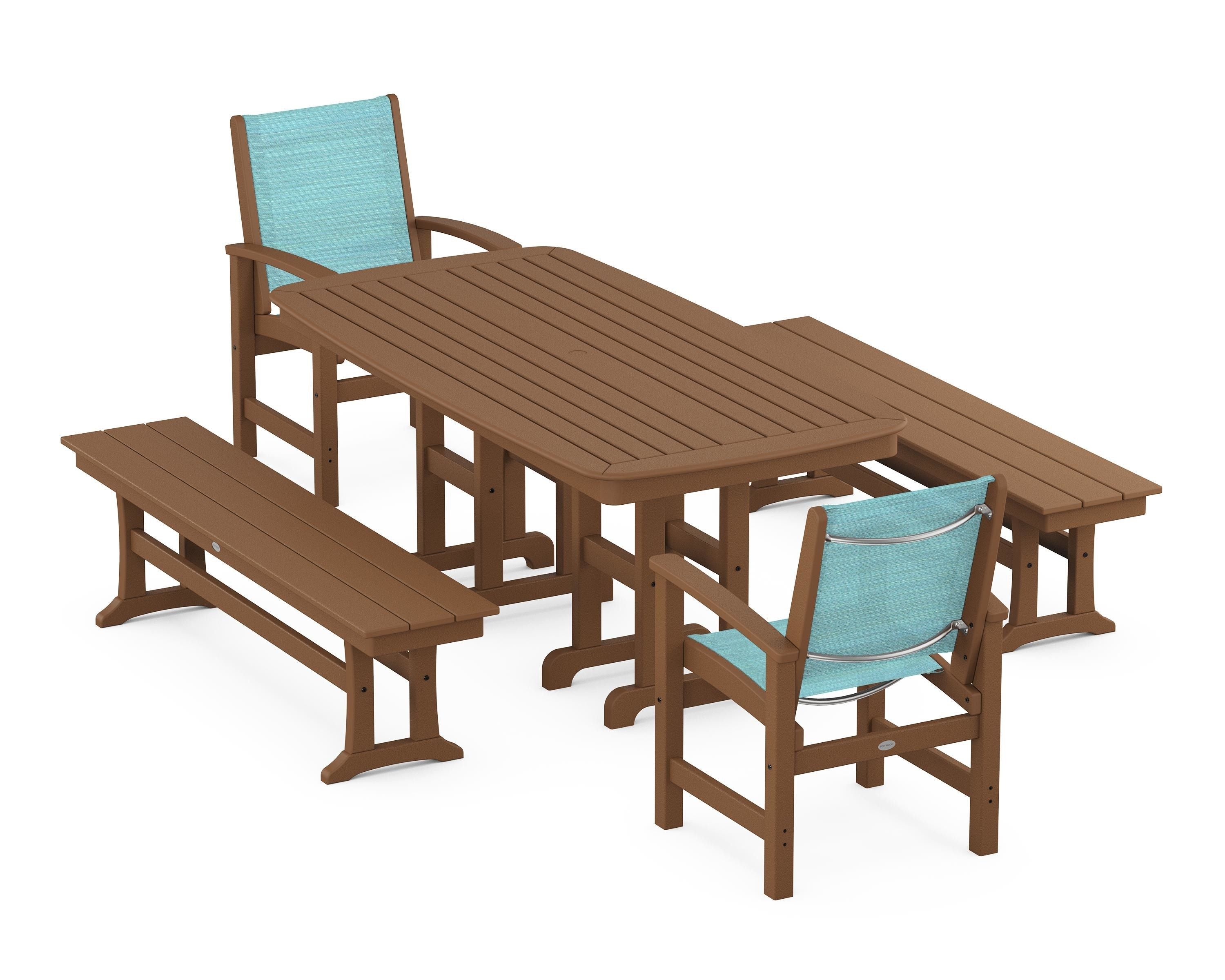 POLYWOOD® Coastal 5-Piece Dining Set in Teak / Dupioni Aquamarine Sling
