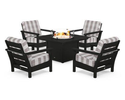 POLYWOOD® Harbour 5-Piece Conversation Set with Fire Pit Table in Black / Buffalo Plaid Grey Mist