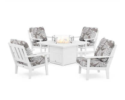 POLYWOOD® Oxford 5-Piece Deep Seating Set with Fire Pit Table in White / Leaf Grey Mist