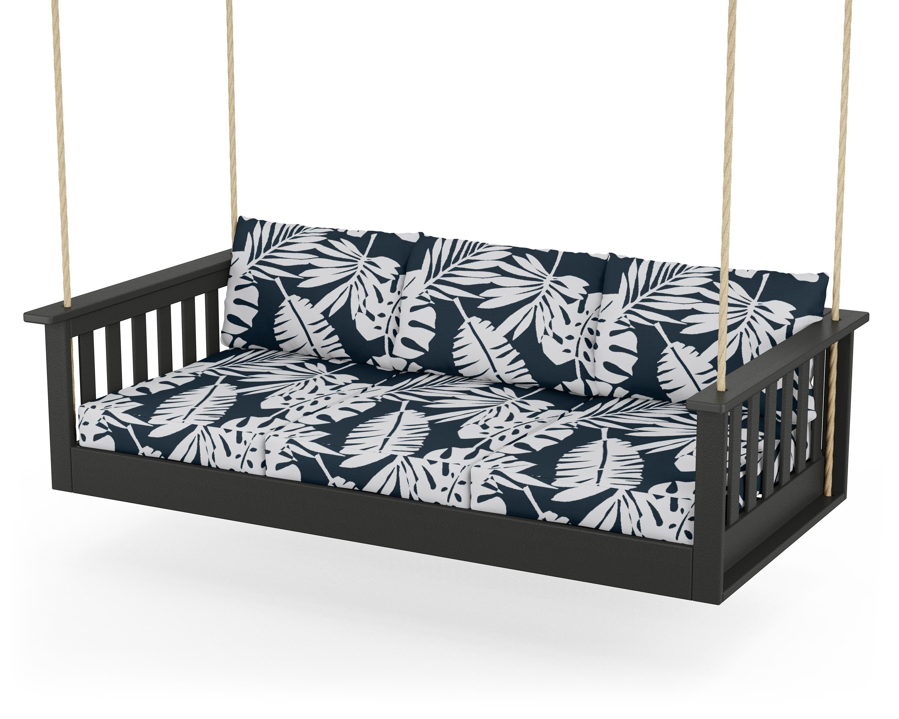 POLYWOOD® Vineyard Daybed Swing in Black / Leaf Marine Indigo
