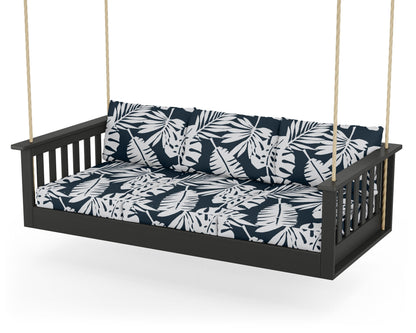 POLYWOOD® Vineyard Daybed Swing in Black / Leaf Marine Indigo