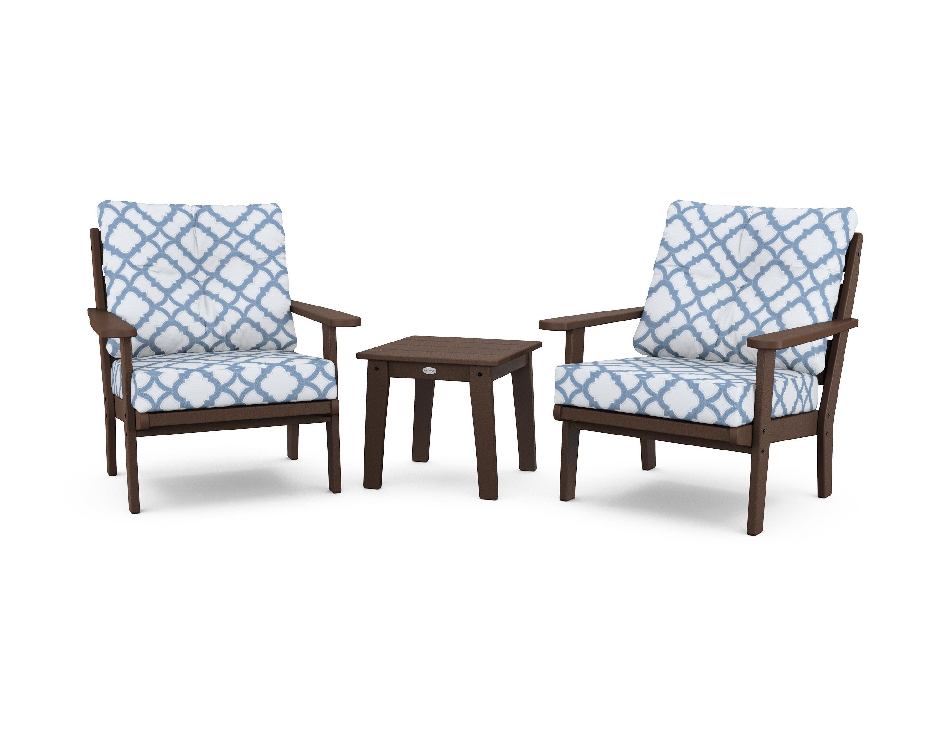 POLYWOOD® Lakeside 3-Piece Deep Seating Chair Set in Mahogany / Trellis Sky Blue