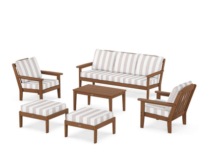 Country Living Cottage 6-Piece Lounge Sofa Set in Teak / Cabana Stripe Dune Burlap