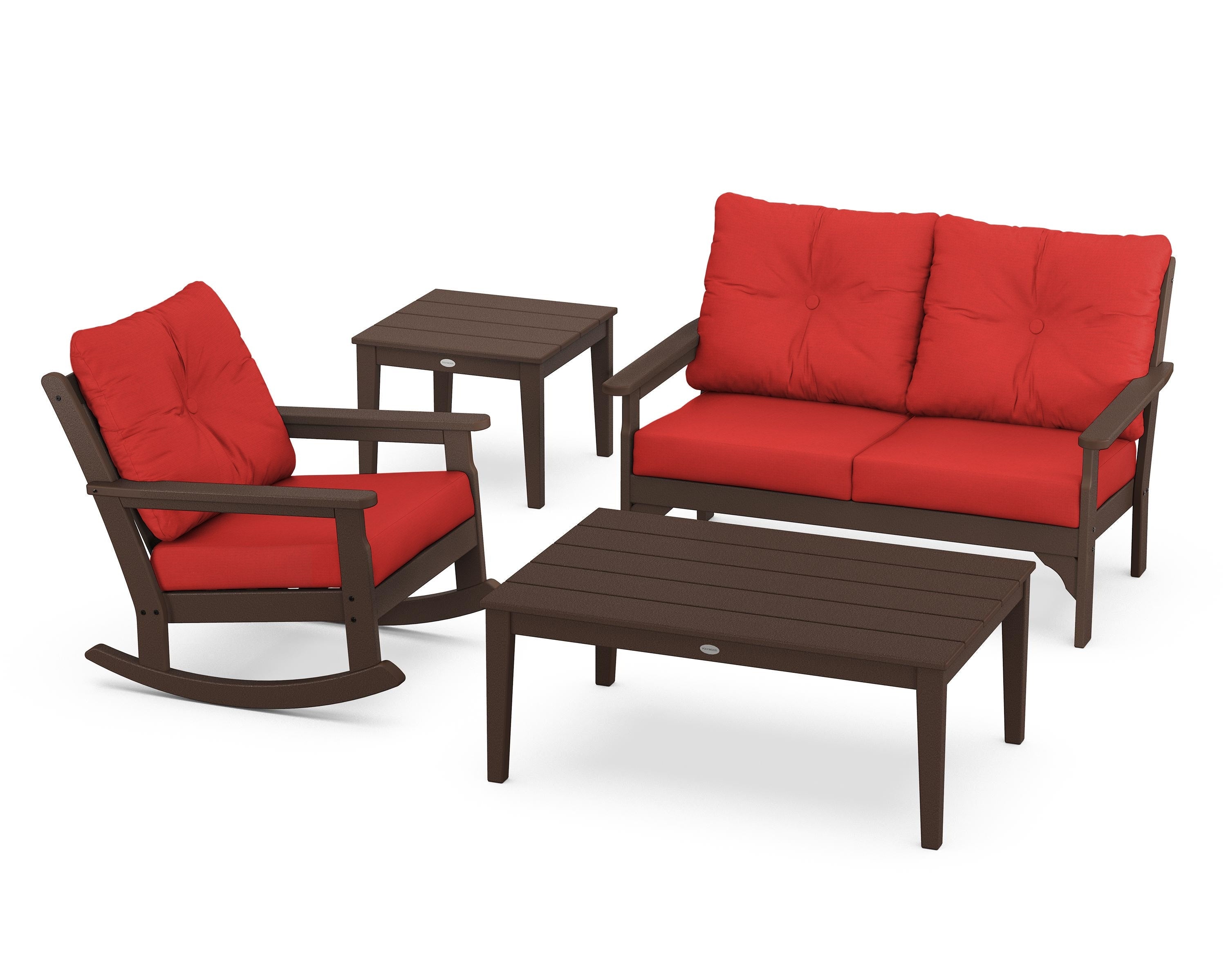 POLYWOOD® Vineyard 4-Piece Deep Seating Rocker Set in Mahogany / Crimson Linen