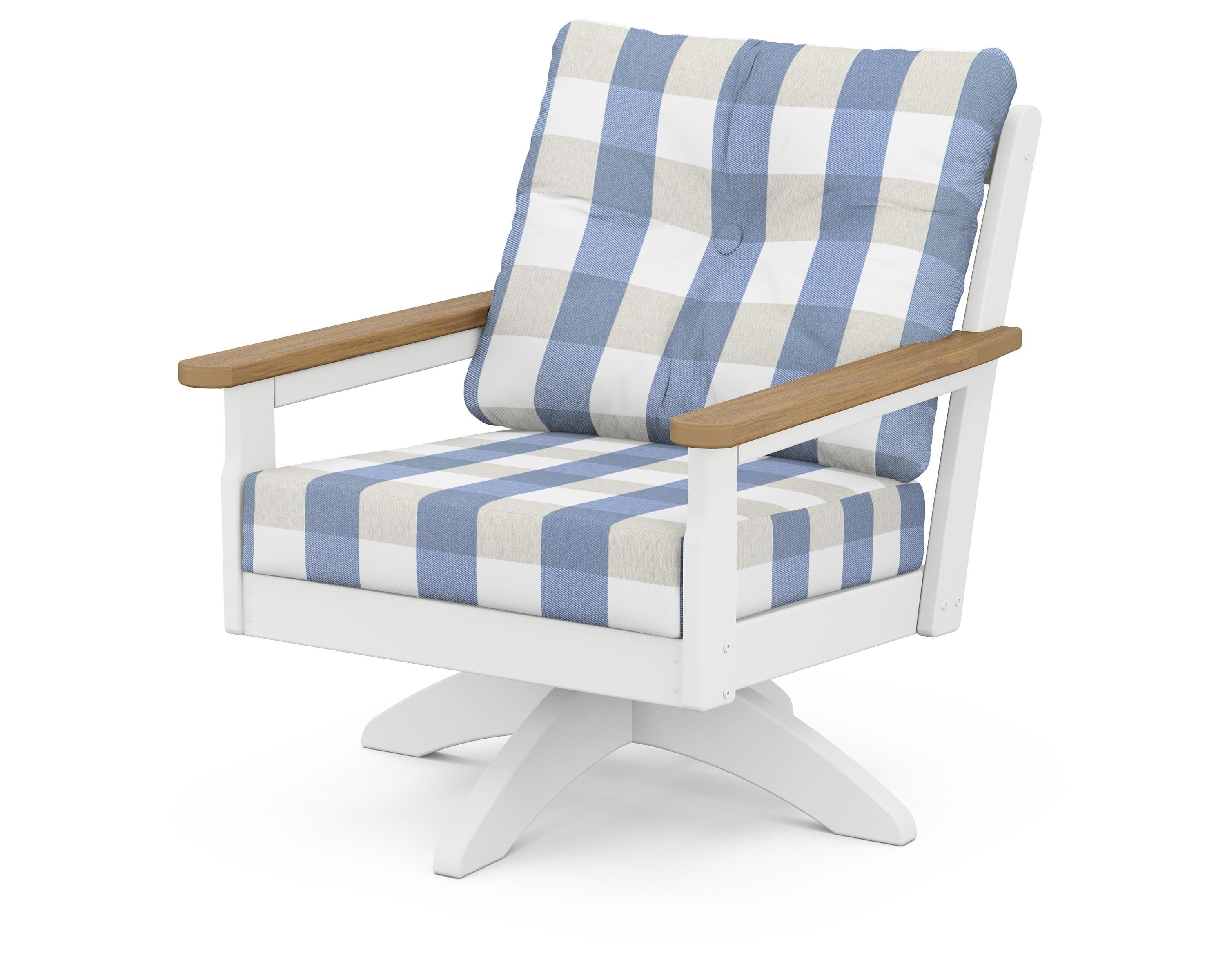 POLYWOOD® Vineyard Deep Seating Swivel Chair in White / Natural / Buffalo Plaid Sky Blue