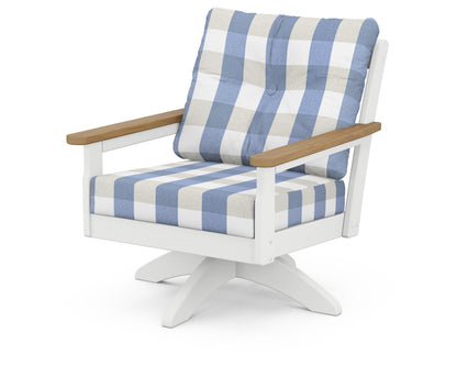 POLYWOOD® Vineyard Deep Seating Swivel Chair in White / Natural / Buffalo Plaid Sky Blue