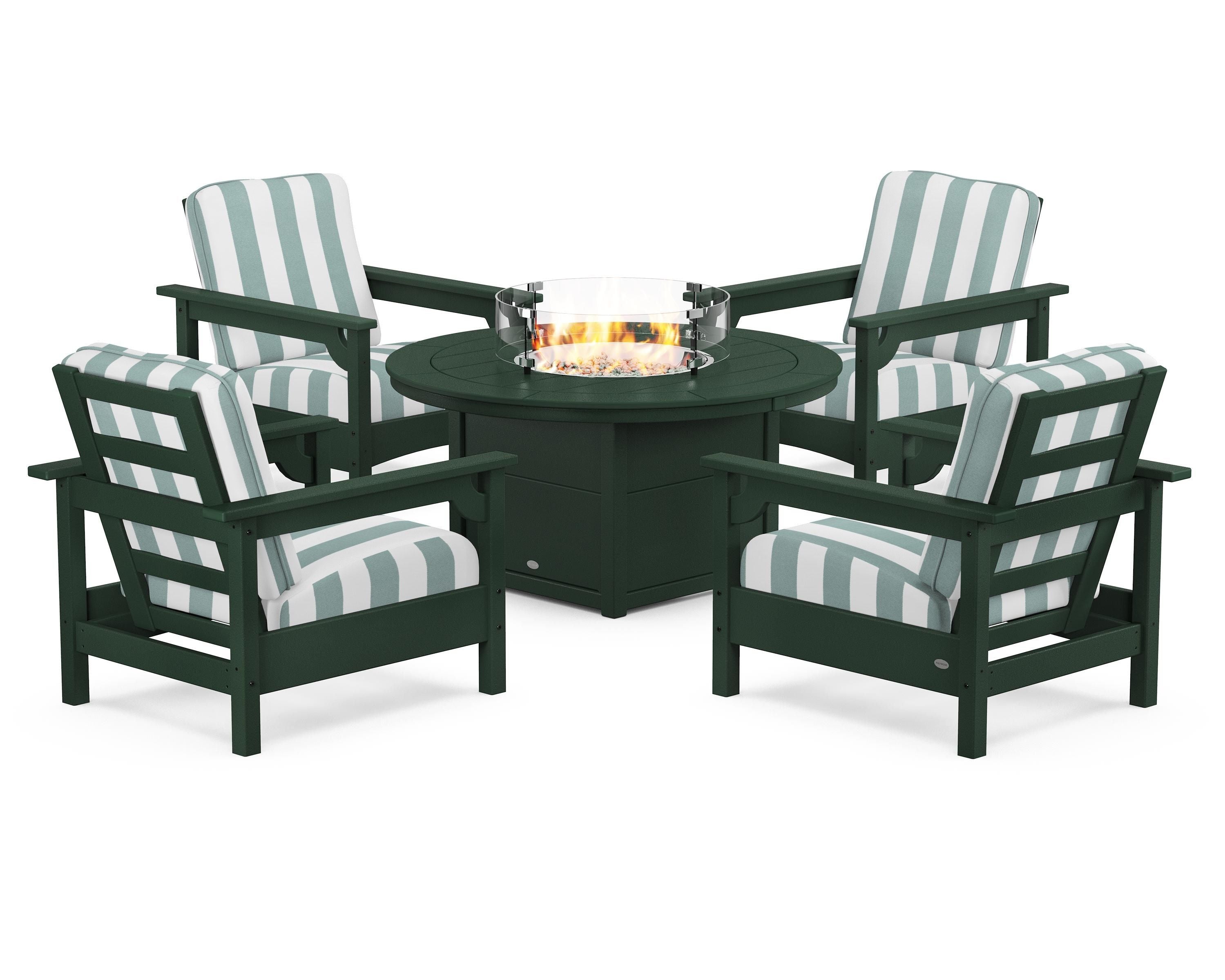 POLYWOOD® Club 5-Piece Conversation Set with Fire Pit Table in Green / Cabana Stripe Glacier Spa
