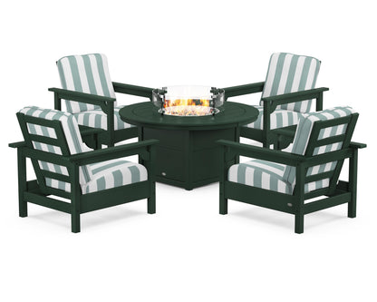 POLYWOOD® Club 5-Piece Conversation Set with Fire Pit Table in Green / Cabana Stripe Glacier Spa