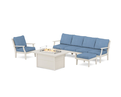 POLYWOOD® Braxton Sectional Lounge and Fire Pit Set in Sand / Sky Blue