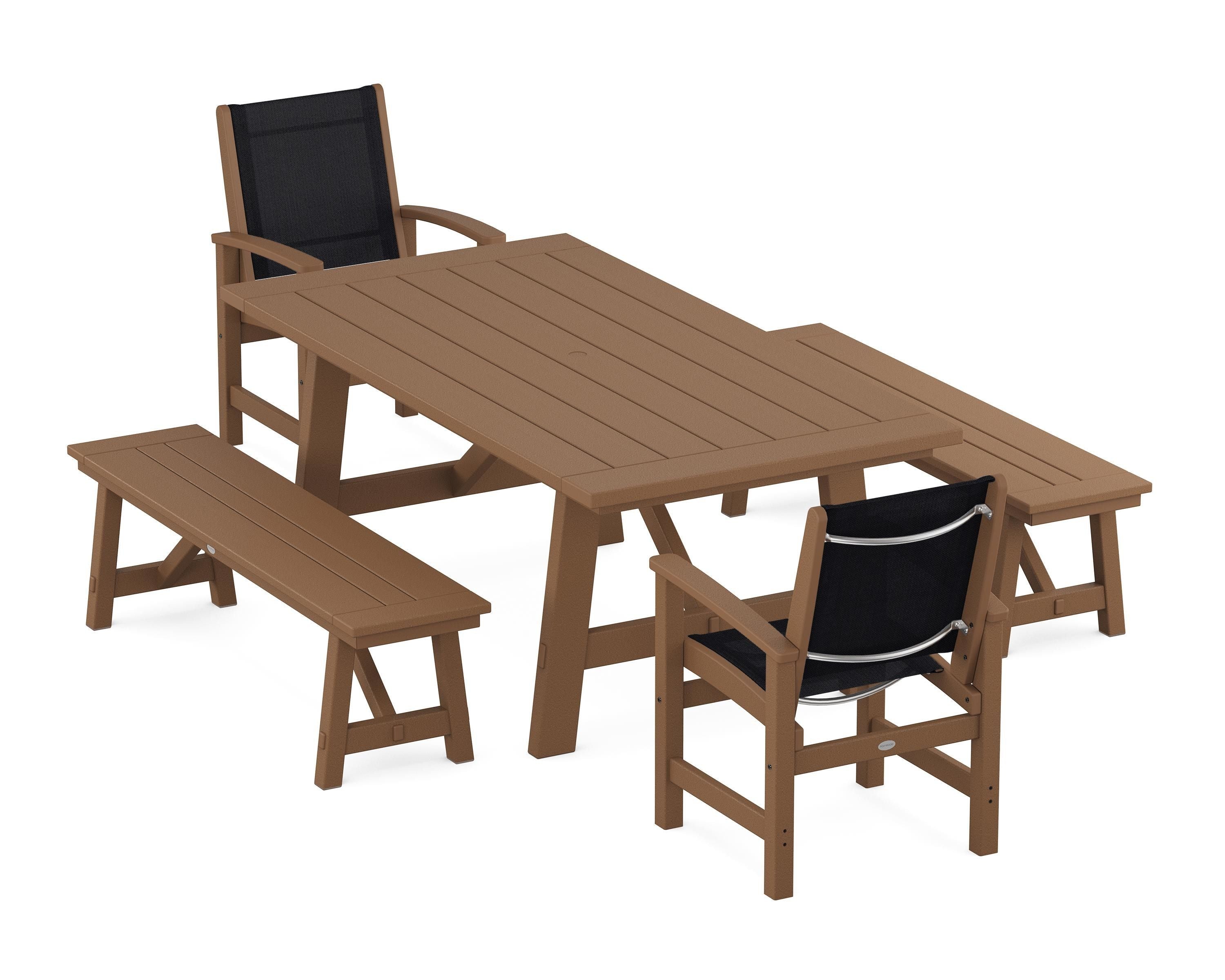 POLYWOOD® Coastal 5-Piece Rustic Farmhouse Dining Set With Benches in Teak / Black Sling