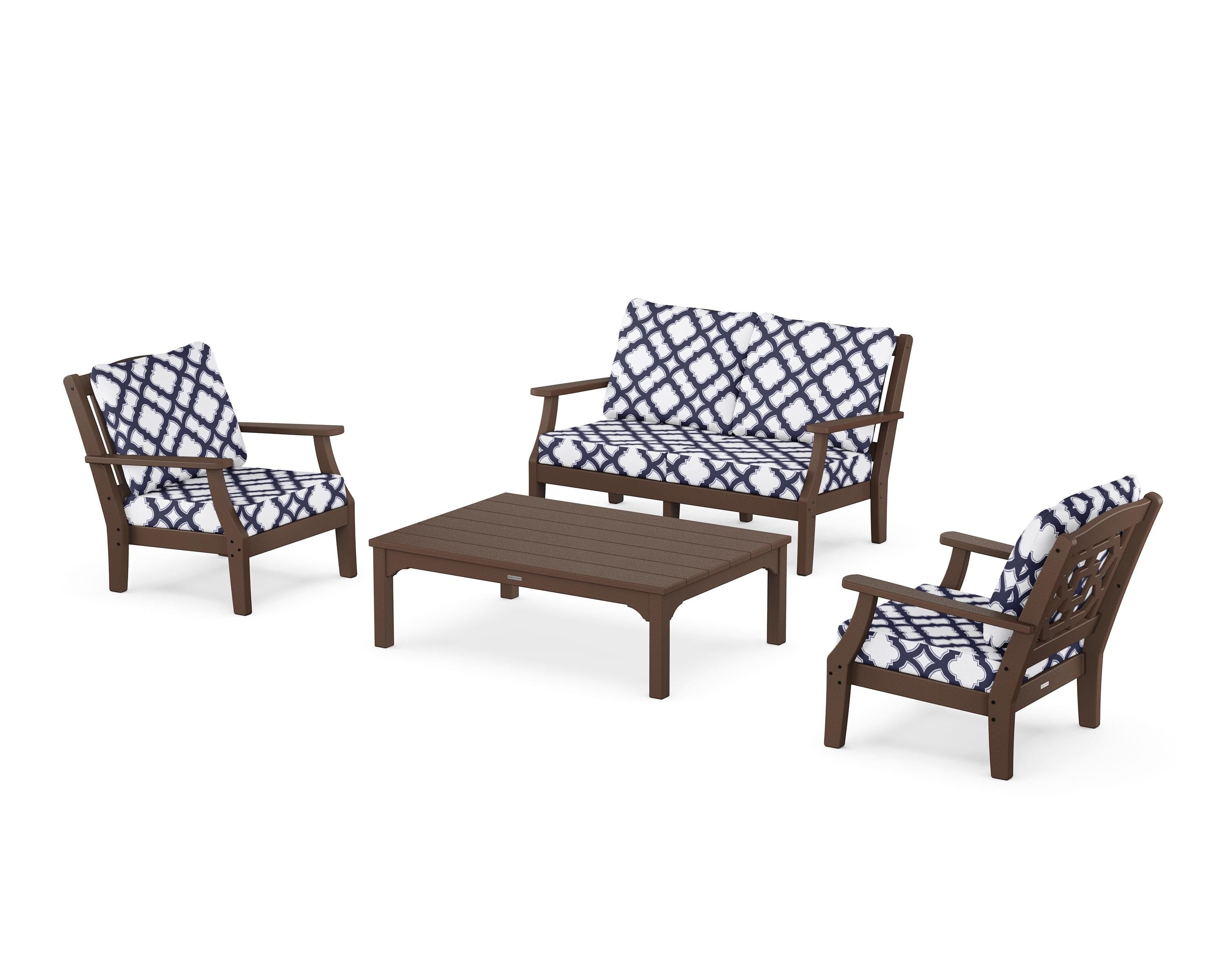 Martha Stewart by POLYWOOD® Chinoiserie 4-Piece Deep Seating Set with Loveseat in Mahogany / Trellis Navy