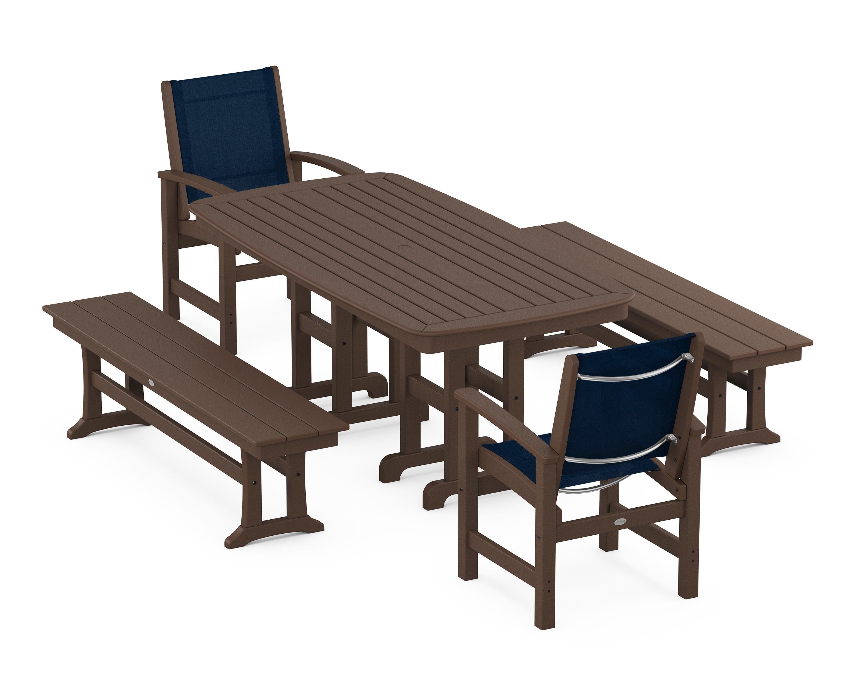 POLYWOOD® Coastal 5-Piece Dining Set in Mahogany / Navy Blue Sling