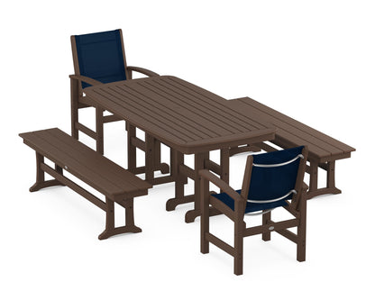 POLYWOOD® Coastal 5-Piece Dining Set in Mahogany / Navy Blue Sling