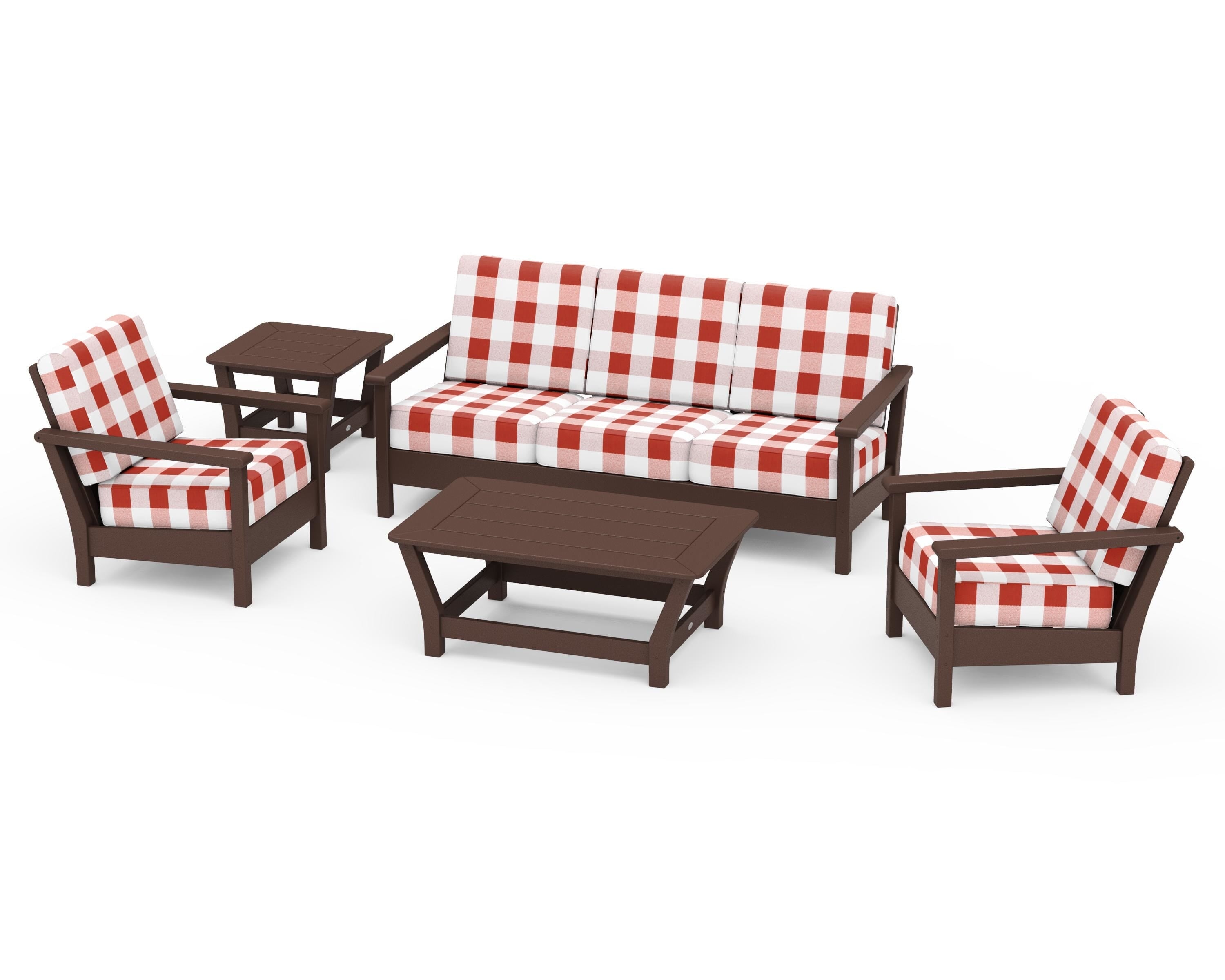POLYWOOD® Harbour 5-Piece Deep Seating Set in Mahogany / Buffalo Plaid Crimson