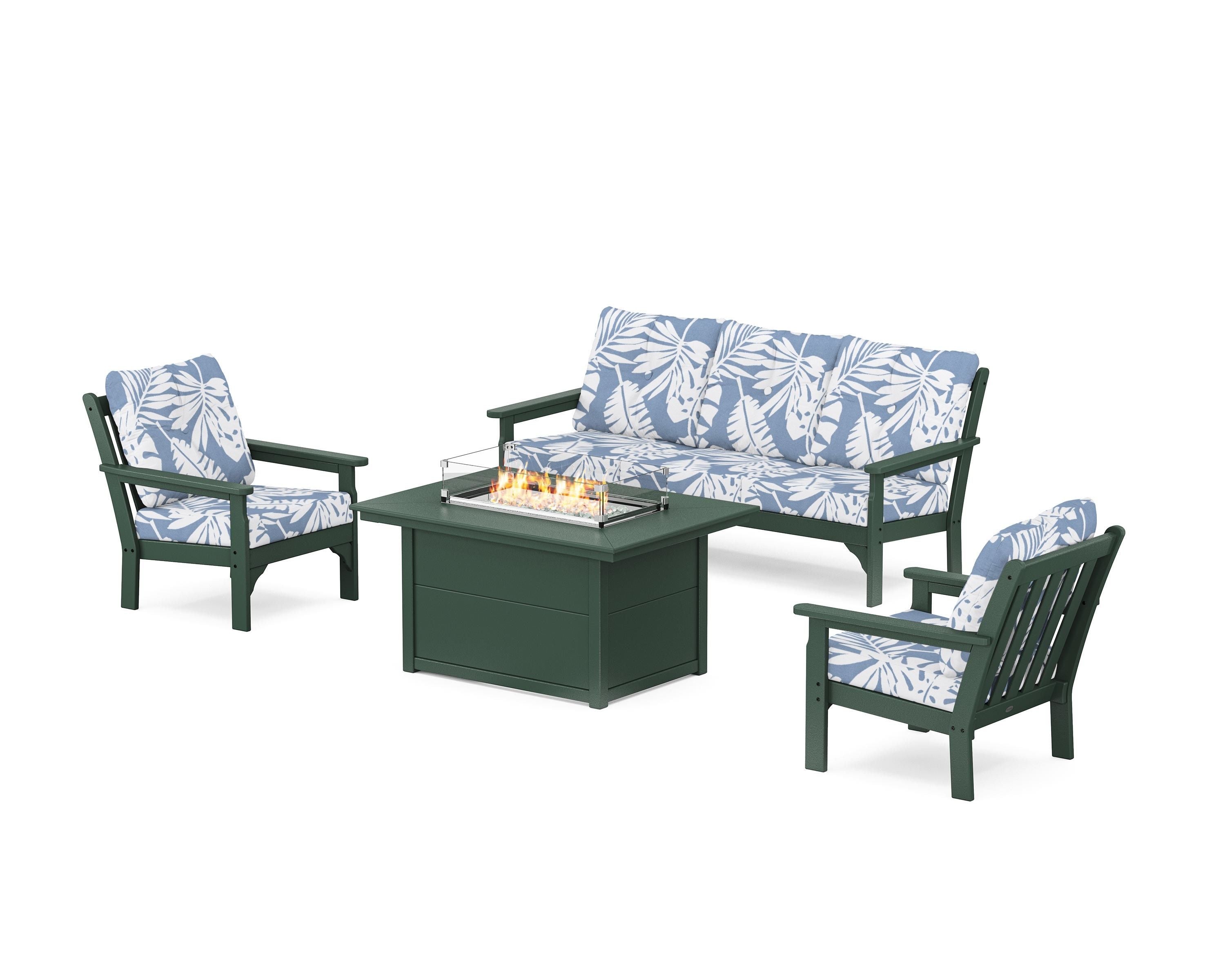 POLYWOOD® Vineyard Deep Seating Fire Pit Table Set in Green / Leaf Sky Blue