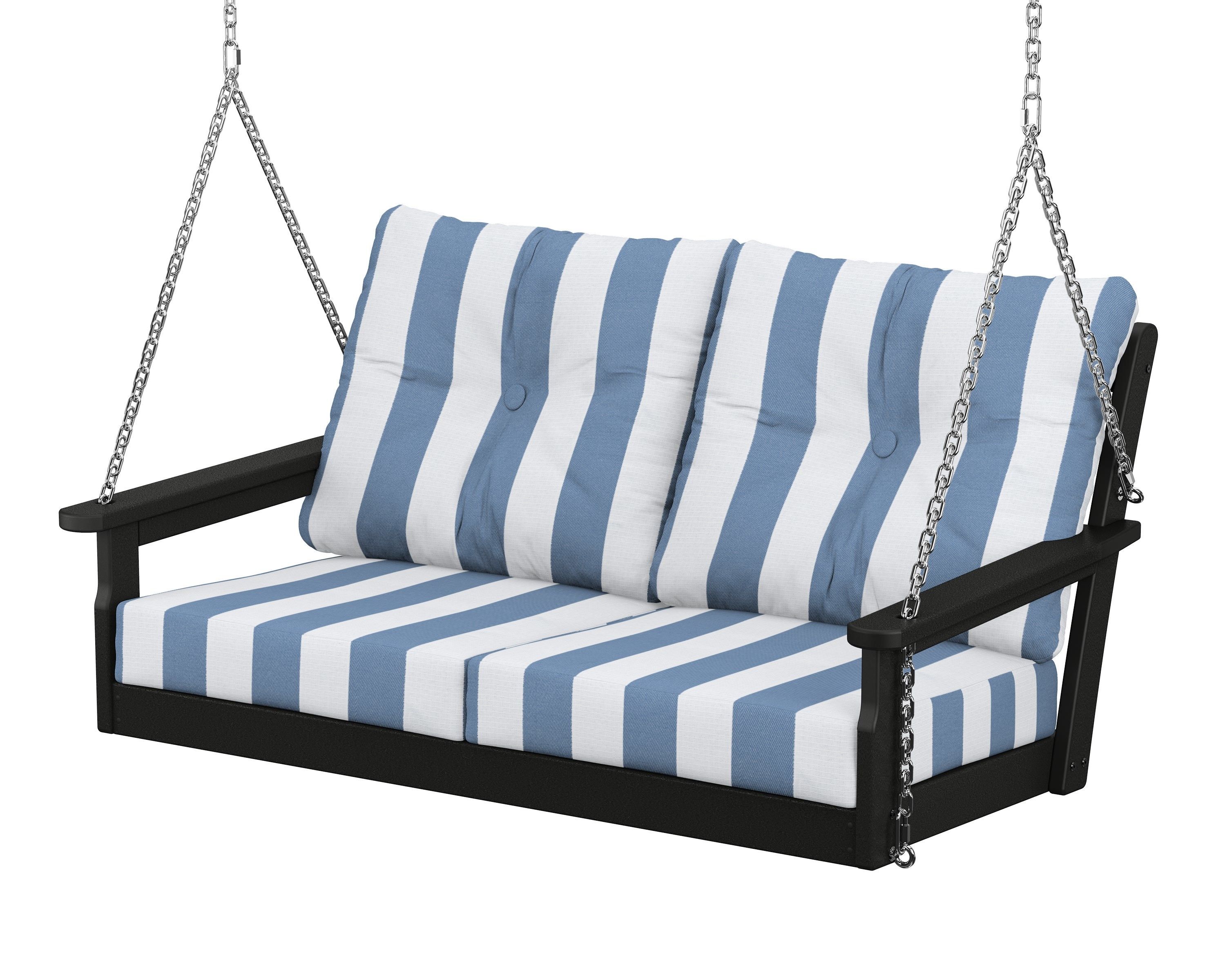 POLYWOOD® Vineyard Deep Seating Swing in Black / Cabana Stripe Sky Blue
