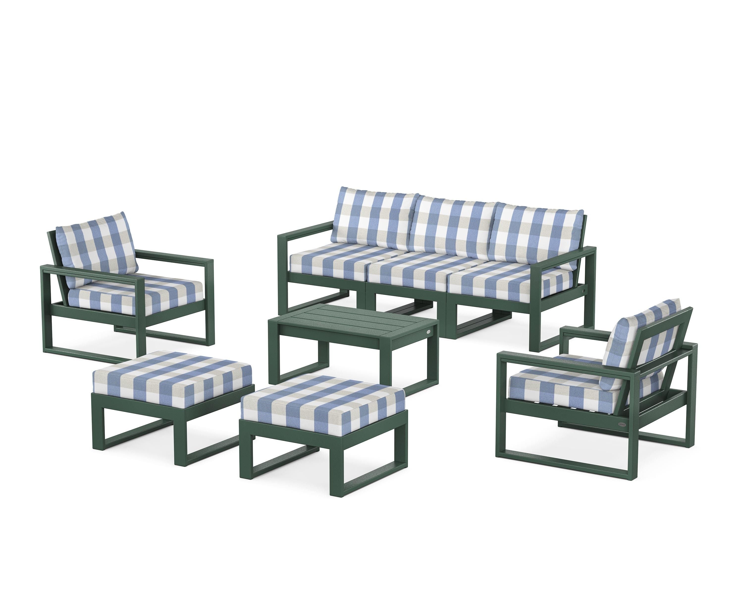 POLYWOOD® EDGE Sectional 8-Piece Lounge Sofa Set in Green / Buffalo Plaid Sky Blue