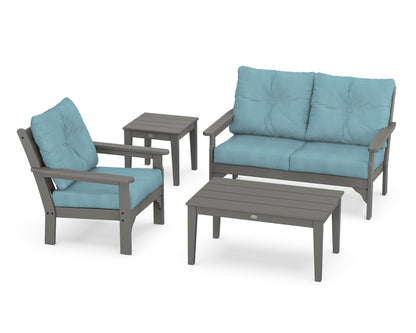 POLYWOOD® Vineyard 4-Piece Deep Seating Set in Slate Grey / Lattice Sky Blue