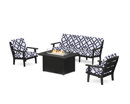 POLYWOOD® Lakeside Deep Seating Fire Pit Table Set in Black / Trellis Navy