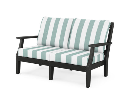 Martha Stewart by POLYWOOD® Chinoiserie Deep Seating Loveseat in Black / Cabana Stripe Glacier Spa