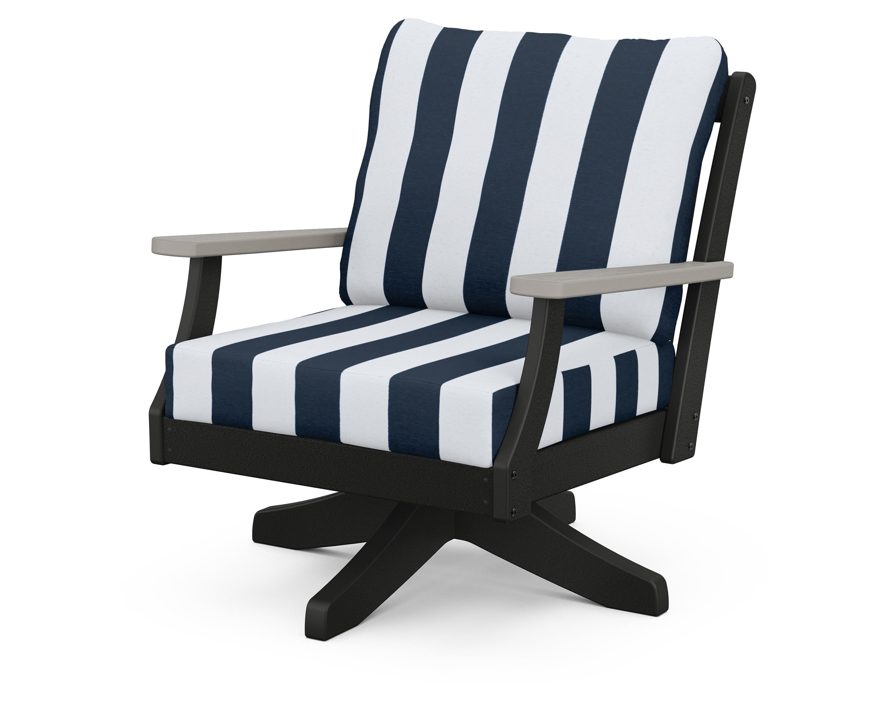 POLYWOOD® Braxton Deep Seating Swivel Chair in Black / Driftwood / Cabana Stripe Marine Indigo