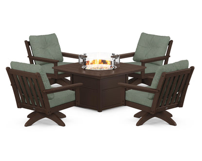 POLYWOOD® Vineyard 5-Piece Deep Seating Swivel Conversation Set with Fire Pit Table in Mahogany / Cast Sage