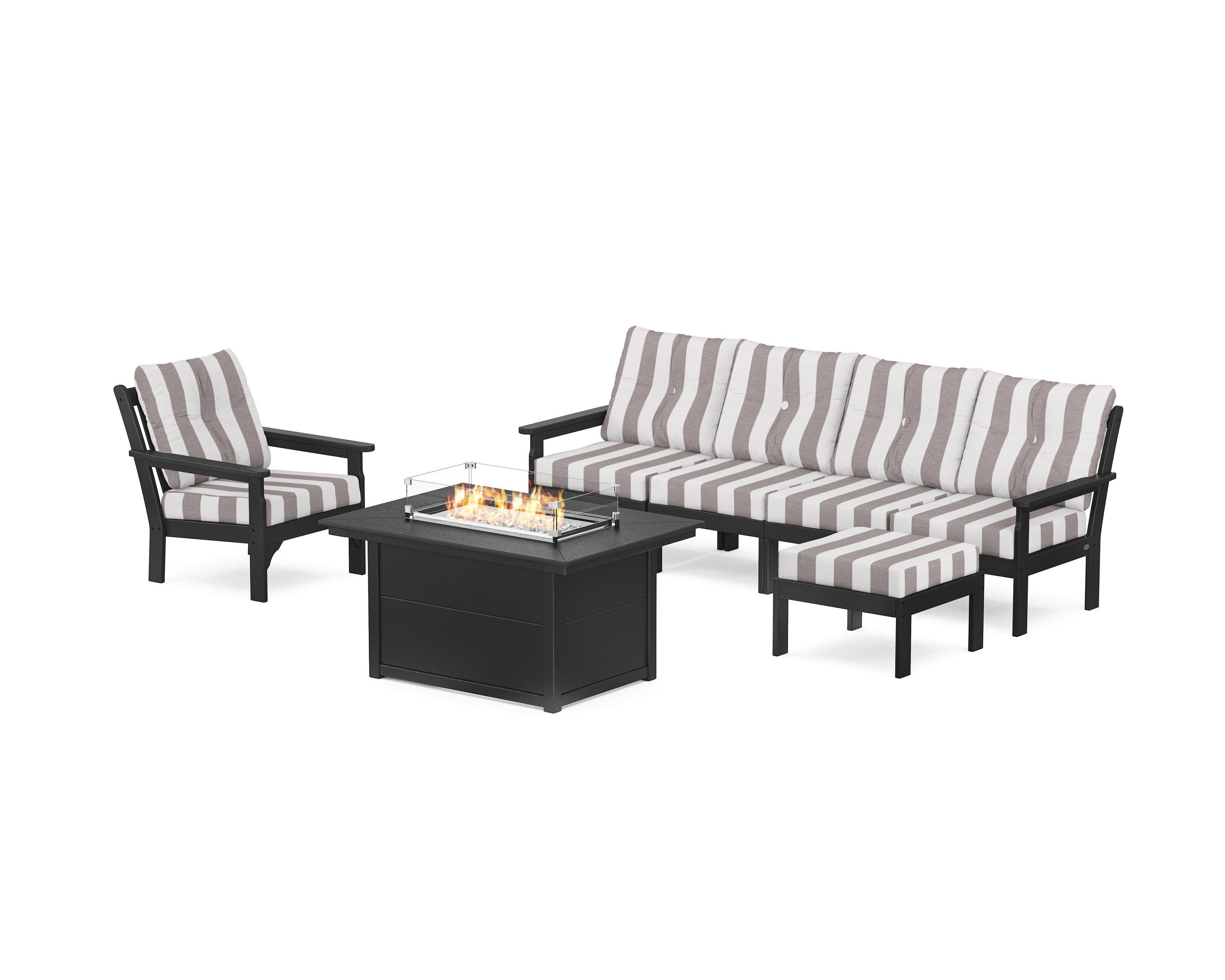 POLYWOOD® Vineyard Sectional Lounge and Fire Pit Set in Black / Cabana Stripe Grey Mist