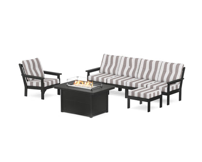 POLYWOOD® Vineyard Sectional Lounge and Fire Pit Set in Black / Cabana Stripe Grey Mist