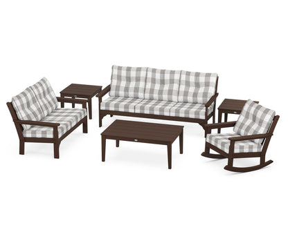 POLYWOOD® Vineyard 6-Piece Deep Seating Set in Mahogany / Buffalo Plaid Grey Mist