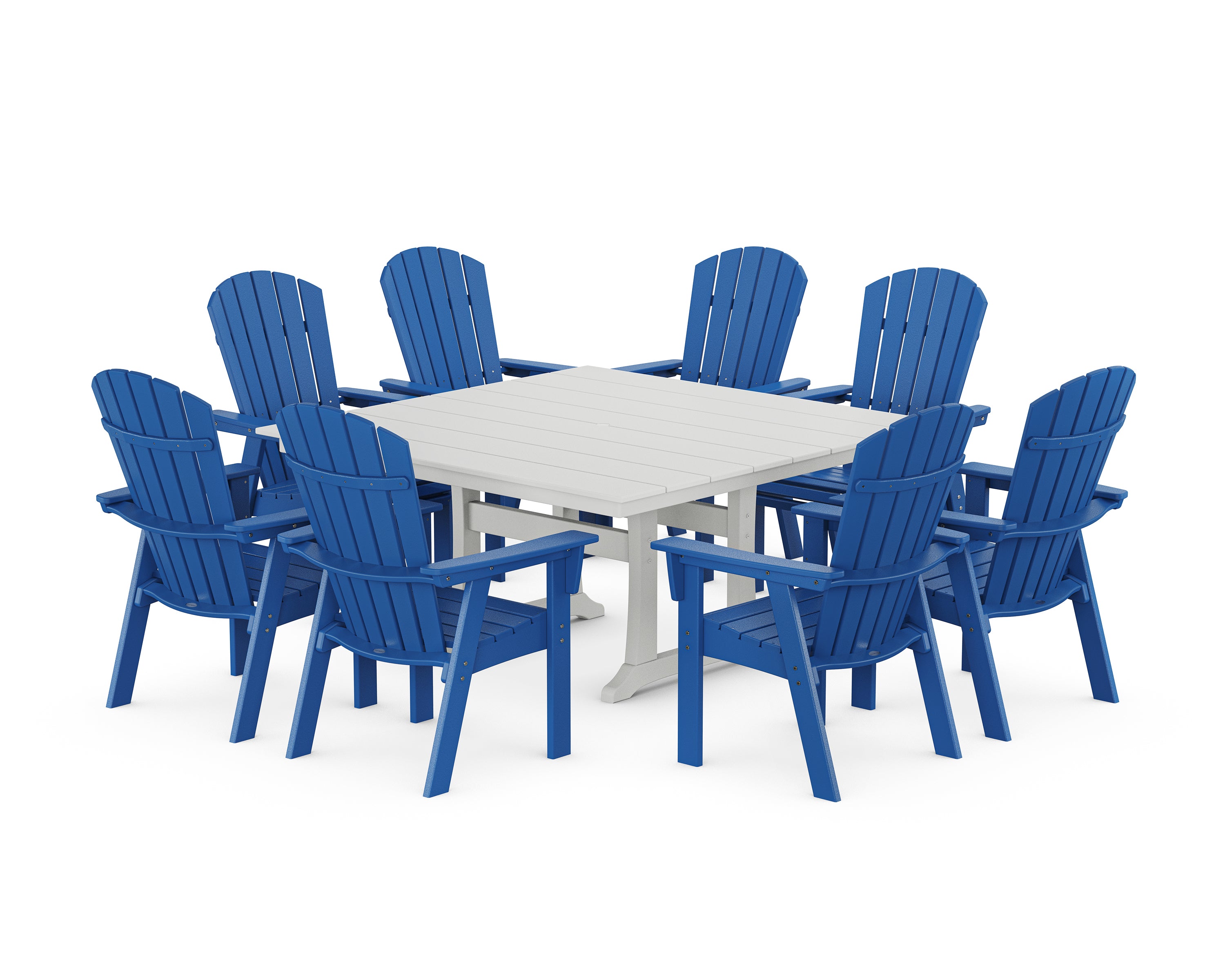 POLYWOOD® Nautical Curveback Adirondack 9-Piece Square Dining Set with Trestle Legs in Pacific Blue / White