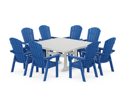 POLYWOOD® Nautical Curveback Adirondack 9-Piece Square Dining Set with Trestle Legs in Pacific Blue / White