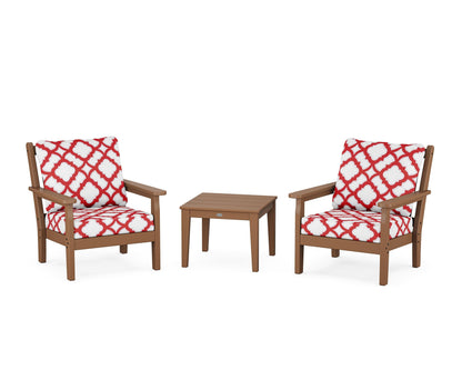 POLYWOOD® Chippendale 3-Piece Deep Seating Set in Teak / Trellis Crimson