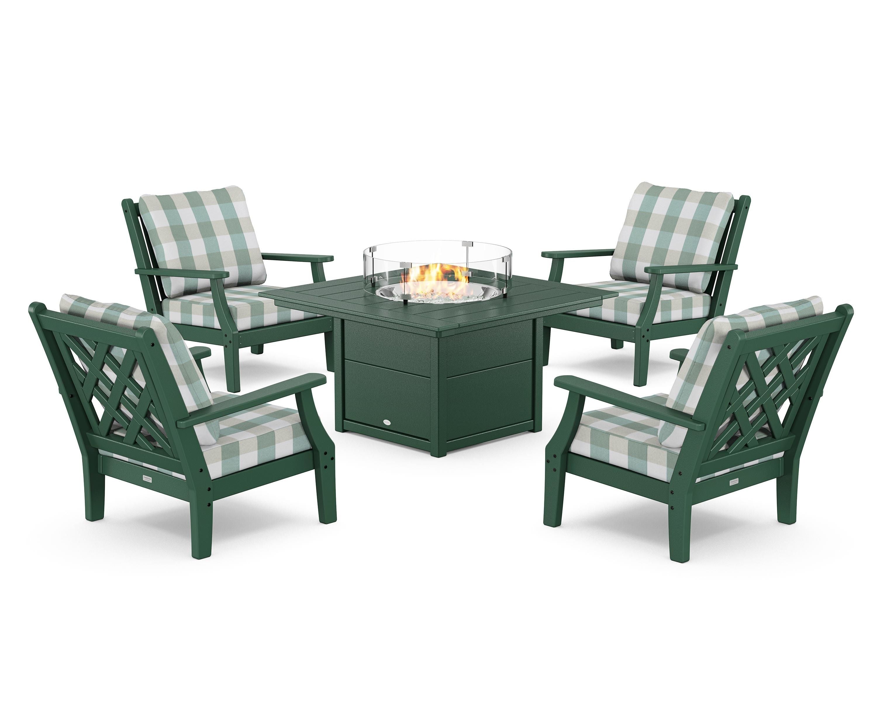 Country Living Wovendale 5-Piece Deep Seating Set with Fire Pit Table in Green / Buffalo Plaid Glacier Spa